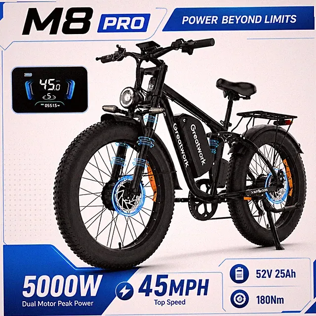 Electric Bike for Adults 5000W Dual Motor 52V 45MPH 7Speed Mountain Road Bicycle